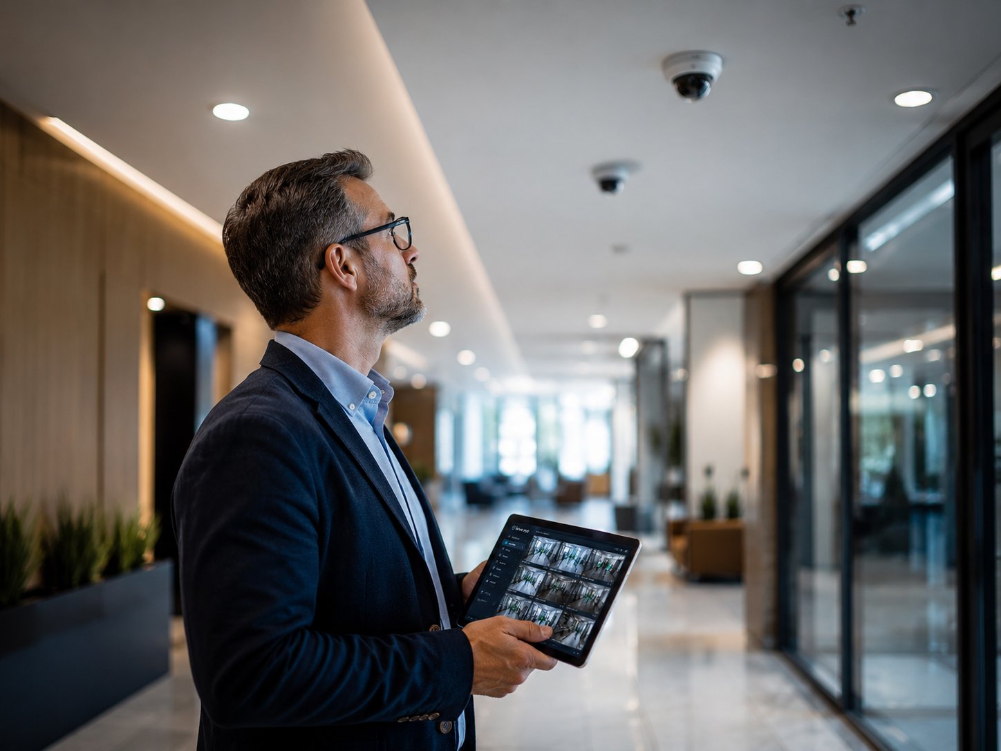 Facility manager reviewing Aqivon camera feeds on a tablet in a monitored building