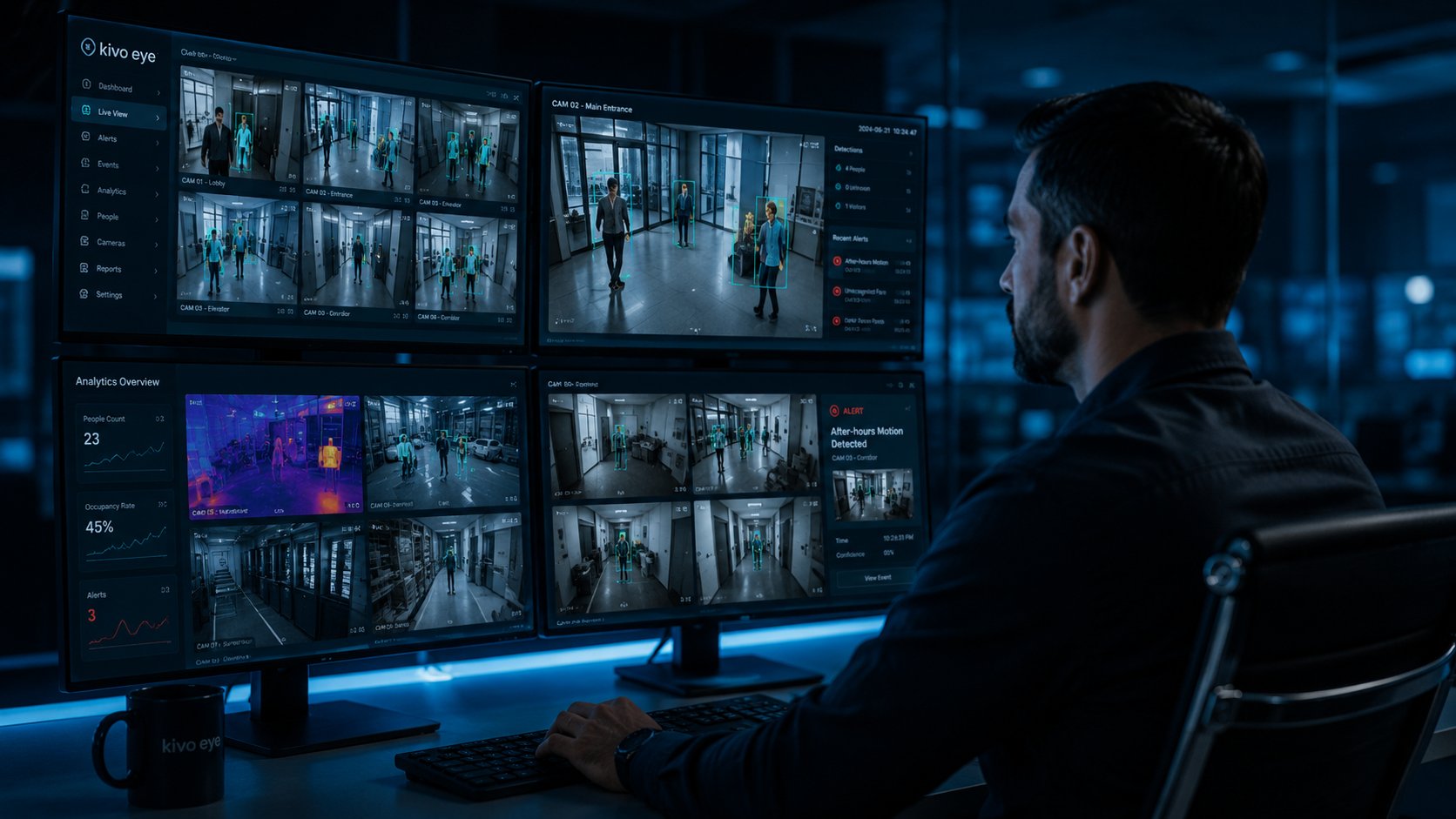 Security operations professional monitoring Aqivon AI detection dashboard across multiple camera feeds
